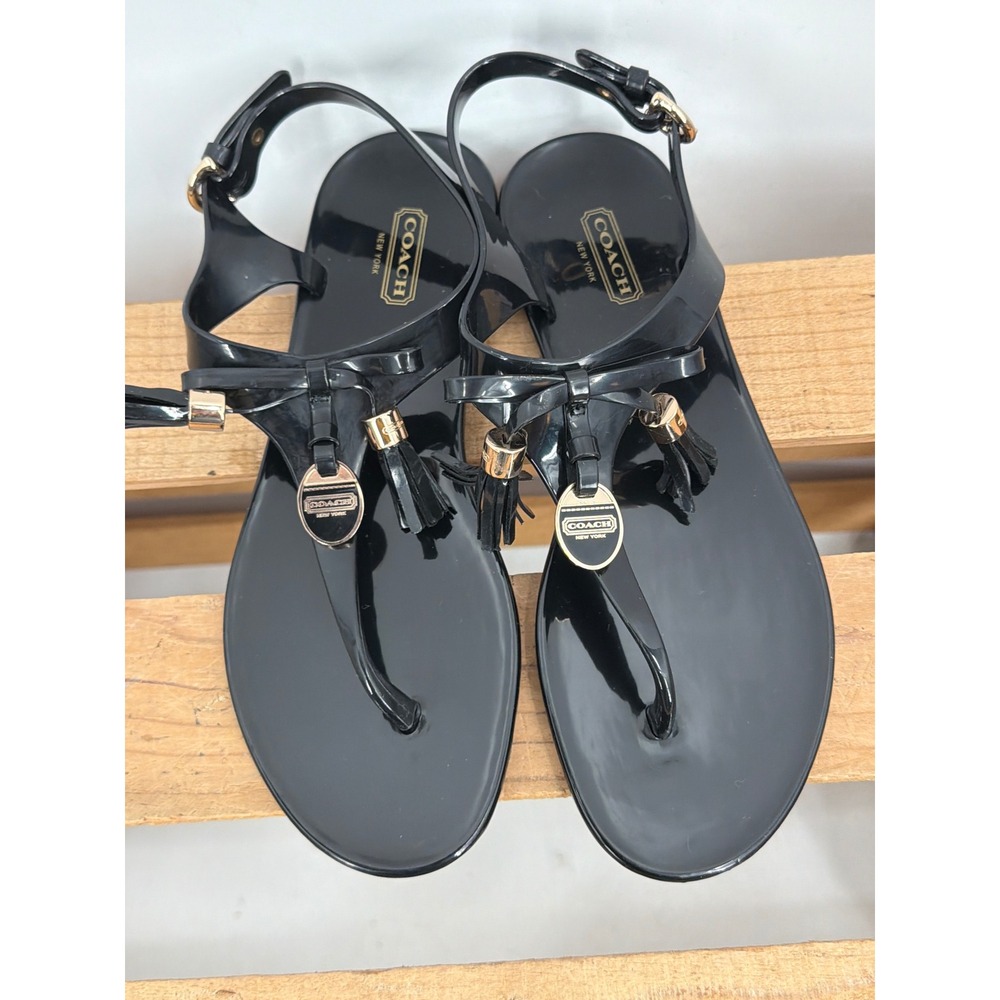 Coach Helma Black Jelly Thong Sandals Bow Tassel Gold Logo 8B EUR 38 - Picture 1 of 8